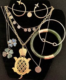 Vintage Jewelry Lot 3 - Gold Tone - Jade Bracelet - Turtle Necklace - Lucky Four Leaf Clover - Hoop Earrings