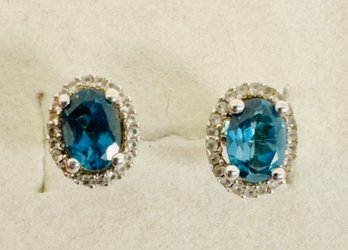 SIGNED P*M STERLING SILVER BLUE AND WHITE GEMSTONE STUD EARRINGS