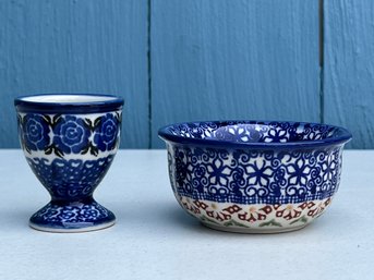 Handmade Polish Pottery Small Bowl And Egg Cup UNIKAT Signed