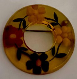 VINTAGE YELLOW PLASTIC LUCITE REVERSE PAINTED BROOCH