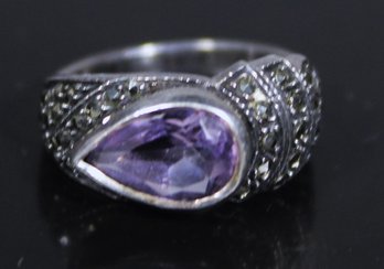 Sterling Silver Marcasite And Genuine Amethyst Stone Ring Size 5.5