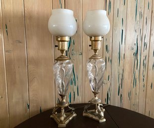 Pair Of Vintage Art Glass And Brass Table Lamps