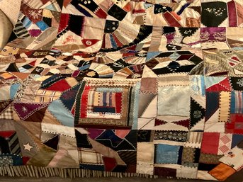 Antique One Of A Kind Crazy Quilt Folk Art Hand Embroidered Blanket