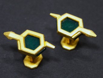 Pair Very Fine Modernist Gilt Cufflinks Having Dark Green Stones