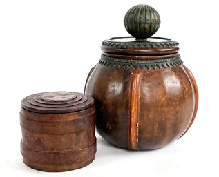 A Pairing Of Vintage Tooled Leather Lidded Canisters