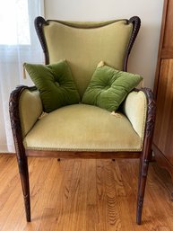 Beautiful Antique Hand Carved Arm Chair With Light Green Velvet Upholstery .