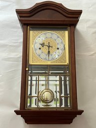Gold Medallion Triple Chime Wall Clock By Ansonia - Dark Wood, Beveled Glass - Model 645