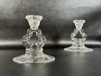 An Elegant Pair Of Vintage Candlesticks In Glass By Cambridge