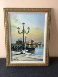 Signed Oil On Board Gondola On The Pier
