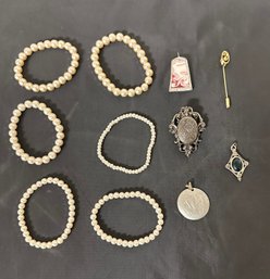 Six Pearl Bracelets, Three Pendants, Stick Pin Gold Tone, Clip.