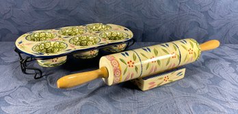 Temp-tations Presentable Ovenware - Old World Pattern - Muffin Pan 0n Wire Stand & Rolling Pin On Stand