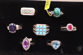 (7) 925 And Semi-Precious Stone Rings All Size 11 All Marked 925, Some Marked STS (Chuck Clemency) Some D'Joy