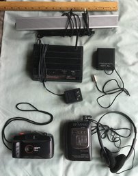 Lot Of Vintage Electronics - Speaker Sound Bar, Realistic Wireless Mic Microphone & Transmitter, Aiwa Walkman