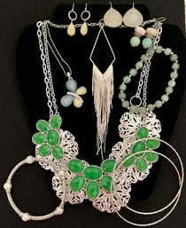 Vintage Jewelry Lot 4 - Silver Tone Green White - Necklaces - Bracelets - Pierced Earrings - Fringe Butterfly
