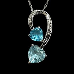 Vintage Sterling Silver Rope Chain With Aquamarine Heart Stone Pendant And Clear Stone Accent