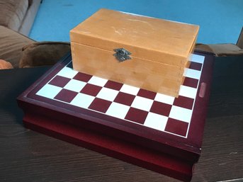 Great Vintage Hand Carved Wood Chess Set With Board - Made In France - Comes With Another Chess Set As Shown