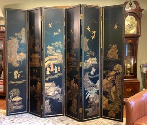 A Chinese 6 Panel Wood Screen With Chinoiserie Landscapes