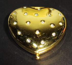 Fine Gold Tone Heart Shaped Rhinestone Ladies Mirrored Compact