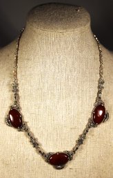 Fine Art Deco Style Sterling Silver Marcasite And Carnelian Stone Necklace