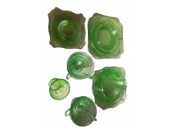 Green Uranium/depression Glass- Plates, Cups And Saucers-20 Pieces