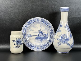 A Selection Of Vintage Hand-Painted Delft Ceramics: Jar, Bud Vase & Plate