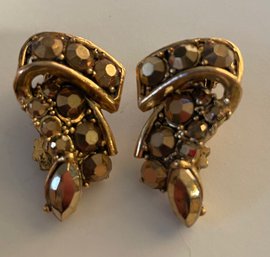 Vintage Clip On Earrings In Gold Tone With Amber Stones