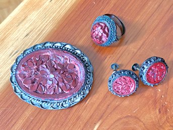 Vintage Chinese Cinnabar Brooch, Ring And Clip On Earrings