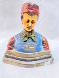 Antique Armor, Cold Cast Painted Bronze Bust- Man In Fez Hat, Is A Bookend