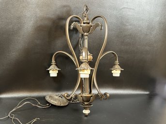 A Three-Light Art Nouveau Chandelier With Iridescent Glass Shades (See Pics)