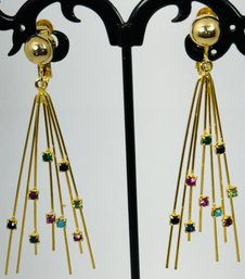 BEAUTIFUL CORO CASCADING RHINESTONE GOLD TONE DANGLE CLIP-ON EARRINGS