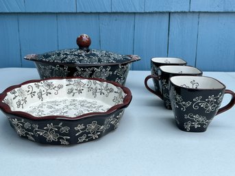 Temptations 'Floral Lace' Hand Painted & Hand Crafted Pot, Serving Dish & Mugs