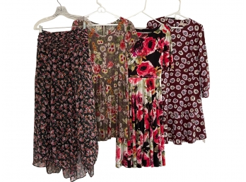 Lot Of 4 Floral Print Dresses- MARC BOUWER, LOFT, SUNDANCE Strapless, (1 Label Unable To Read- Been Cut)