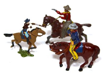 Lot Three Cowboys On Horseback Lead Painted Figures