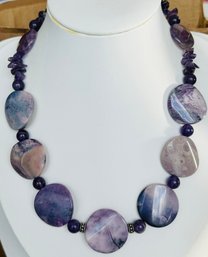 PURPLE GEMSTONE FLAT DISK AND NUGGET NECKLACE STERLING SILVER CLASP