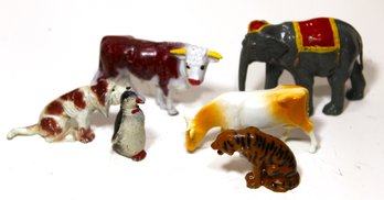 Lot Six Painted Antique Lead Dime Store Animals, Elephant, Cows, Tiger, Penguin