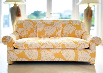 A Plush Custom Rolled Arm Sofa In Tropical Leaf Print