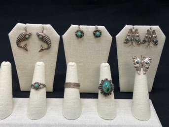 Alpaca 925 Mexican Silver And Turquoise Jewelry Grouping - Clip On Earrings, Rings And Pin
