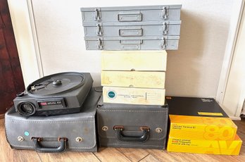 Vintage Kodak 600 Slide Projector In Case, Slide Carousels & 3 Metal Slide Storage Boxes