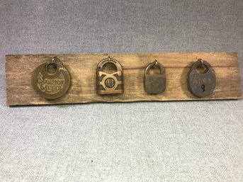 Collection Of Antique Brass Locks Mounted On Piece Of Antique Wood - Yale - Champion - Safe & Others !