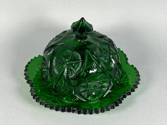 Vintage Emerald Green Glass Star Pattern Lidded Dish
