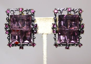 Vintage Silver Tone Pink Rhinestone 1960s Clip Earrings