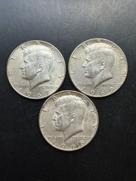 3 Kennedy 40 Silver Half Dollars 1967, 1968-D, 1969-D