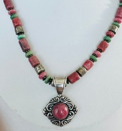 SOUTHWESTERN DESIGNER CAROLYN POLLACK RHODONITE AND GREEN TURQUOISE STERLING SILVER NECKLACE