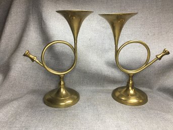 Lovely Pair Of Vintage Solid Brass Hunting Horn / Fox Hunt / Equestrian - Candle Holders By PENCO Industries