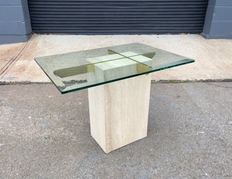 1970s Artedi Style Travertine Glass And Brass Side Table