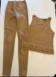 Wilfred Free Tan Leather Pants Paired With Banana Republic Tan Lace Shirt Both Size Small