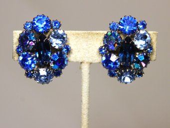 Signed WEISS Blue Rhinestone Vintage Clip Earrings