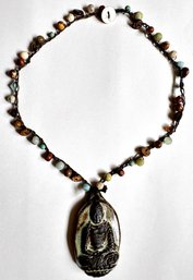 Designer Ceramic Buddha On Turquoise, Coral & White Turquoise Beaded Necklace With Mother Of Pearl Catch