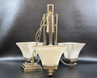 A Contemporary Three-Light Chandelier In Brushed Nickel, Art Deco Inspired