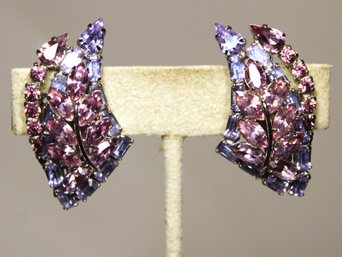 Fine Signed SHERMAN Pink And Purple Rhinestone Clip Earrings